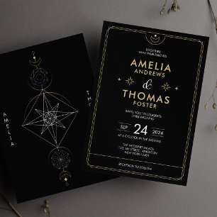 Modern Celestial Black and Gold Mystical Wedding Invitation