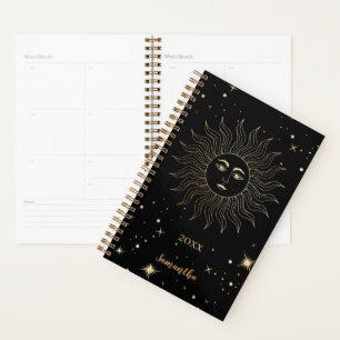 Modern Celestial Black Gold Sun Stars Name Year Planner