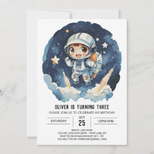 Modern Celestial Cute Astronaut Boy Birthday Invitation