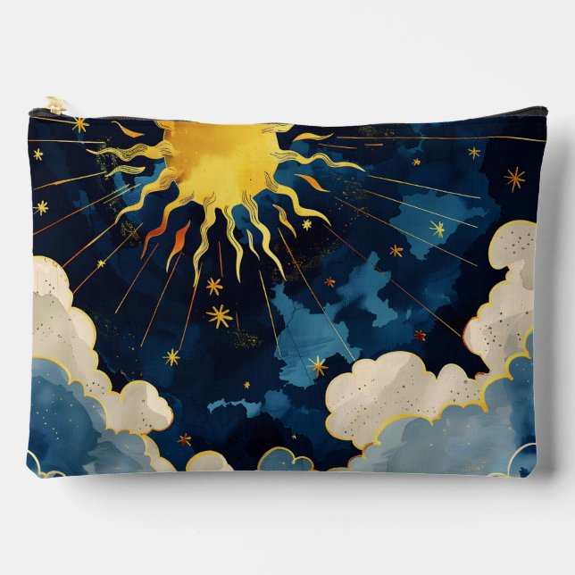 Modern Celestial Sun Stars and Blue Clouds Accessory Pouch (Front)