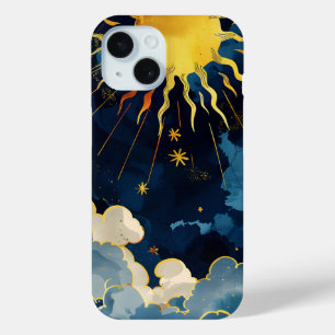Modern Celestial Sun Stars and Blue Clouds iPhone 15 Case