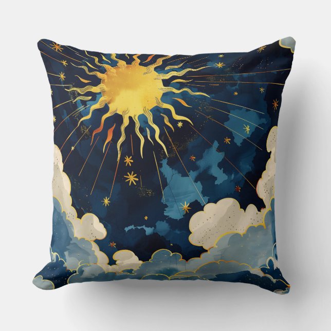 Modern Celestial Sun Stars and Blue Clouds Cushion (Front)