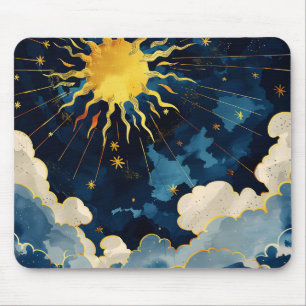 Modern Celestial Sun Stars and Blue Clouds Mouse Mat