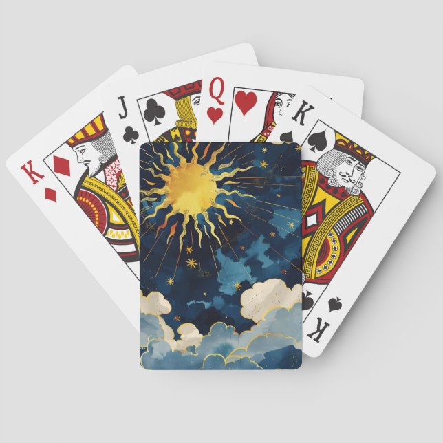 Modern Celestial Sun Stars and Blue Clouds Playing Cards (Back)