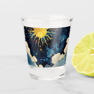 Modern Celestial Sun Stars and Blue Clouds Shot Glass