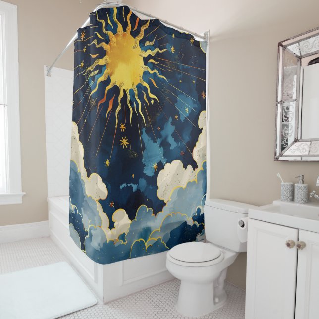 Modern Celestial Sun Stars and Blue Clouds Shower Curtain (In Situ)