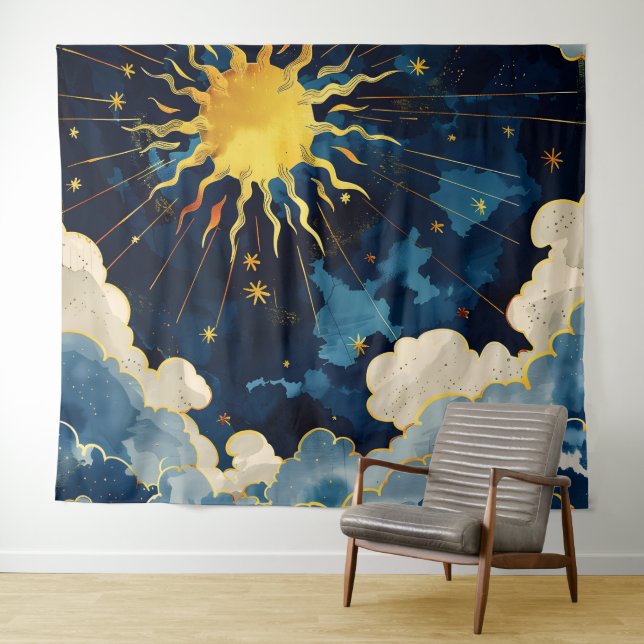 Modern Celestial Sun Stars and Blue Clouds Tapestry (In Situ (Horizontal))