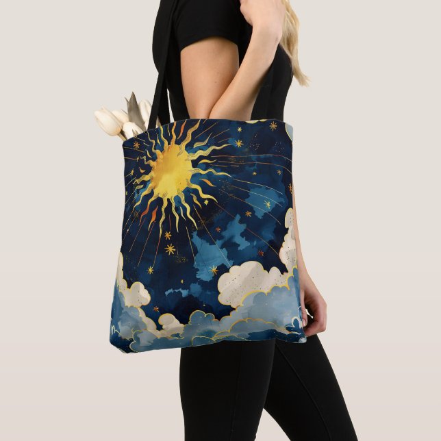 Modern Celestial Sun Stars and Blue Clouds Tote Bag (Close Up)