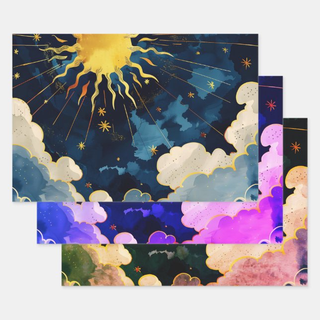 Modern Celestial Sun Stars and Blue Clouds Wrapping Paper Sheet (Set)