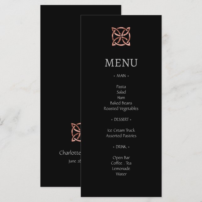 Modern Celtic Knot Rose Gold Wedding Menu (Front/Back)