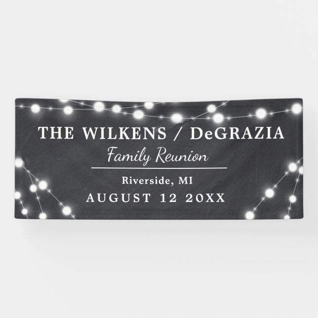 Modern Chalk String Lights Wood Family Reunion Banner (Horizontal)
