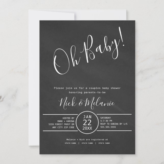 Modern chalkboard baby shower with diaper raffle invitation (Front)
