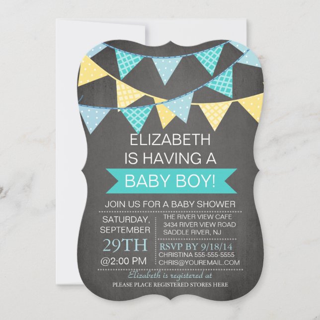 Modern Chalkboard Bunting Boys Baby Shower Invitation (Front)