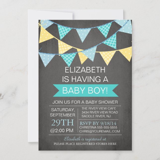 Modern Chalkboard Bunting Boys Baby Shower Invitation (Front)