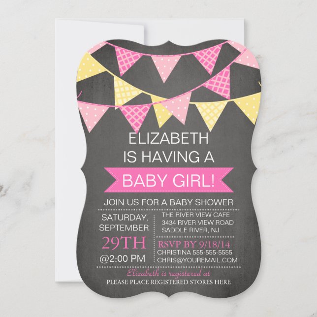 Modern Chalkboard Bunting GIRLS Baby Shower Invitation (Front)