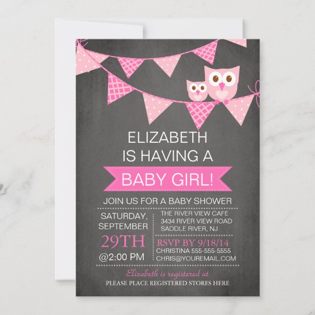 Modern Chalkboard Bunting Owl GIRL Baby Shower Invitation (Front)