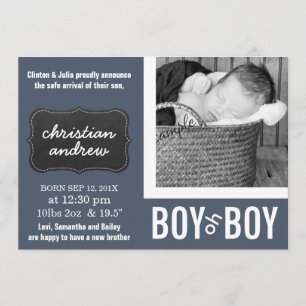 Modern Chalkboard BW Photo New Baby Announcement