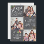 Modern Chalkboard Custom Photo Holiday Christmas Card<br><div class="desc">The design features 3 of your favourite family holiday photos. "Merry Christmas and a Happy New Year from" is in a modern script and font typography with christmas balls and foliage accents. Personalise it with your favourite photos,  names and message.</div>