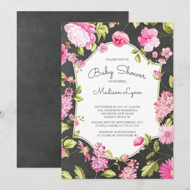 Modern Chalkboard Floral Baby Shower Invitation (Front/Back)