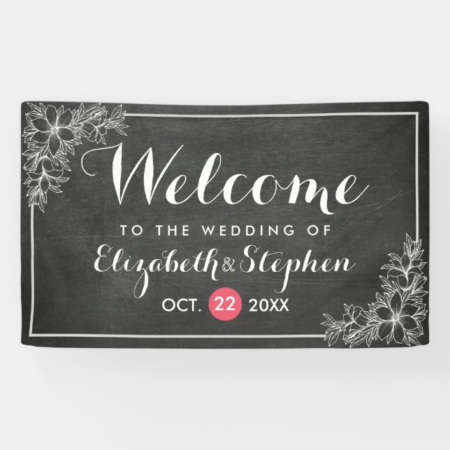 Modern Chalkboard Floral Frame Wedding Welcome Banner (Horizontal)