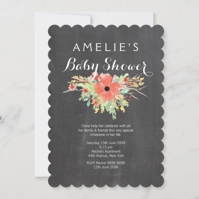 Modern Chalkboard Floral Wreath Baby Shower Invite (Front)