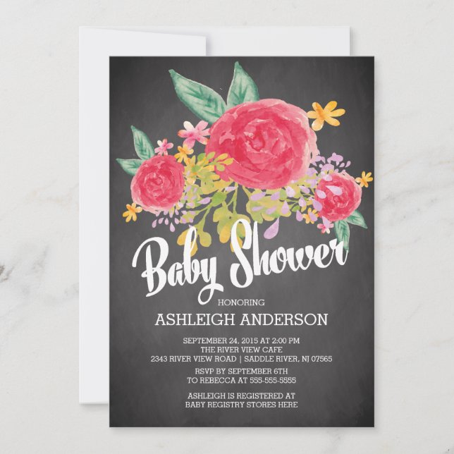 Modern Chalkboard Flowers Girls Baby Shower Invitation (Front)