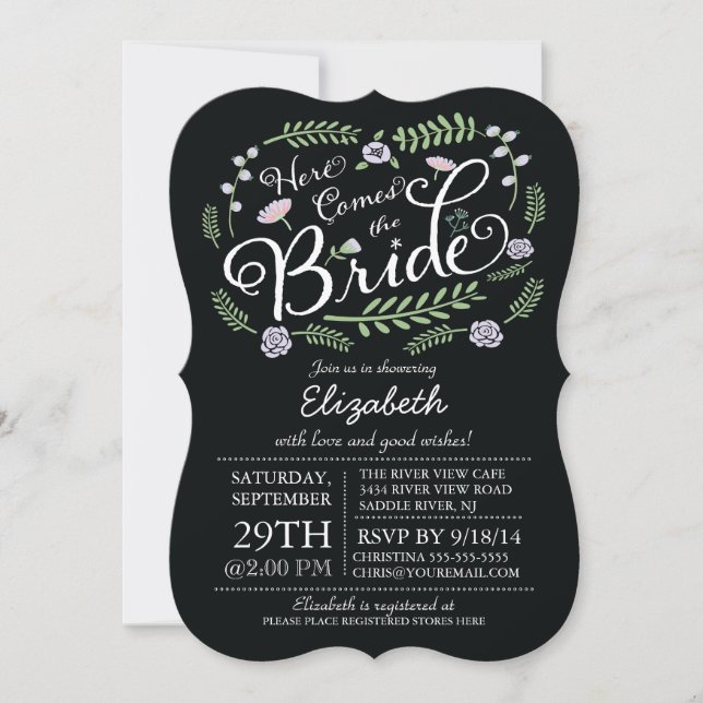 Modern Chalkboard Here Comes The Bride Floral Invitation (Front)