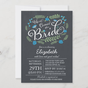 Modern Chalkboard Here Comes The Bride Floral Invitation