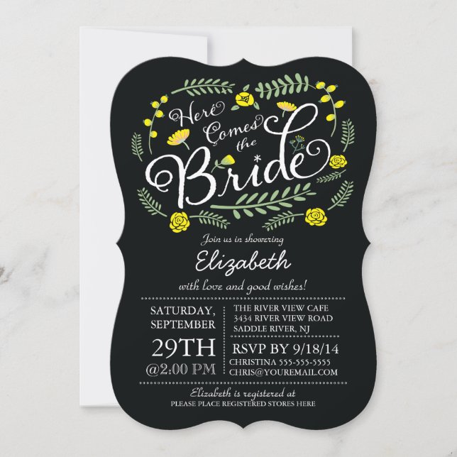 Modern Chalkboard Here Comes The Bride Floral Invitation (Front)