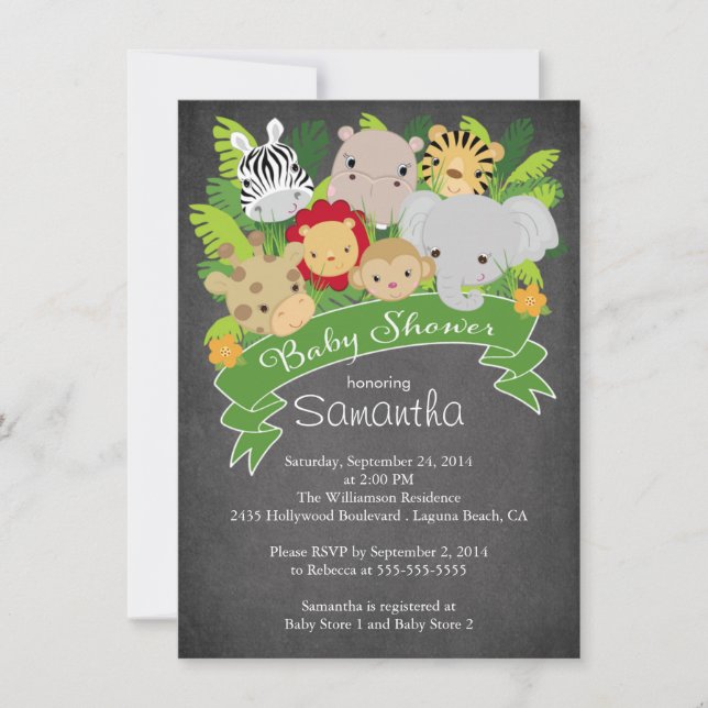 Modern Chalkboard Jungle Safari Animal Baby Shower Invitation (Front)
