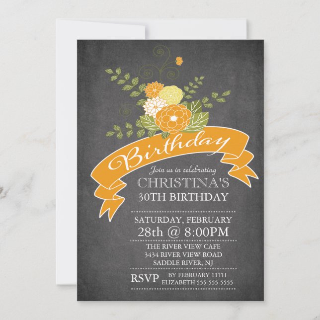 Modern Chalkboard Orange Flowers Birthday Party Invitation (Front)