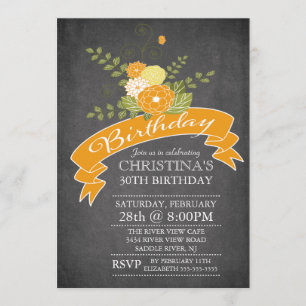 Modern Chalkboard Orange Flowers Birthday Party Invitation