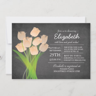 Modern Chalkboard Peach Tulip Girls Baby Shower Invitation