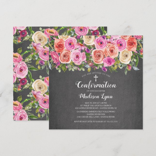 Modern Chalkboard Pink Floral Confirmation Invitation (Front/Back)