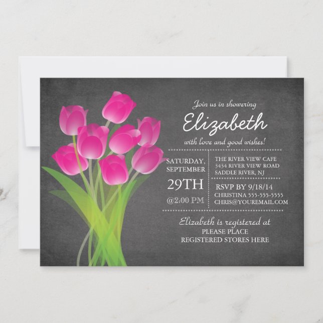 Modern Chalkboard Pink Tulip Bridal Shower Invitation (Front)