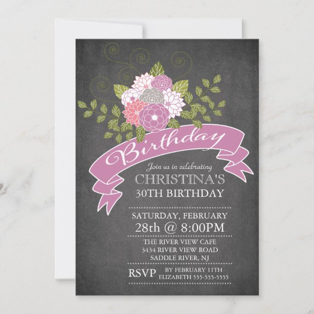 Modern Chalkboard Purple Flowers Birthday Party Invitation (Front)