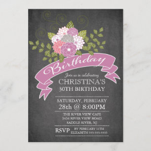Modern Chalkboard Purple Flowers Birthday Party Invitation