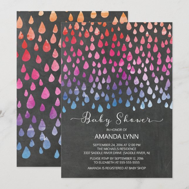 Modern Chalkboard Raindrops Neutral Baby Shower Invitation (Front/Back)