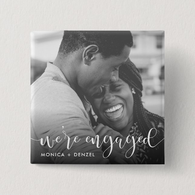 Modern Chalkboard & Script Engagement Party Photo 15 Cm Square Badge (Front)