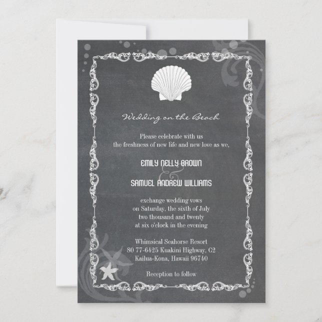 Modern Chalkboard Sea Shell Beach Wedding Invitation (Front)