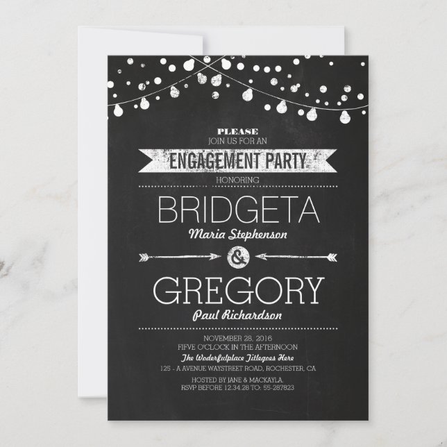 Modern Chalkboard String Lights Engagement Party Invitation (Front)