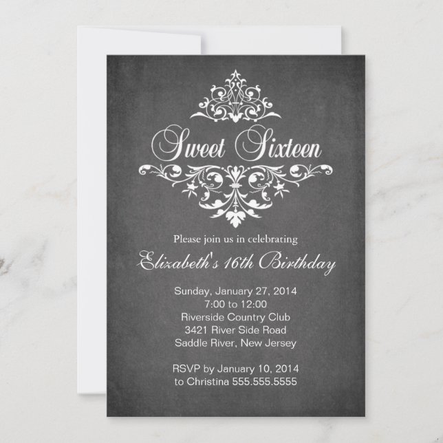 Modern Chalkboard Sweet Sixteen Birthday Party Invitation (Front)
