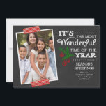 Modern Chalkboard Typography Holiday Photo Card<br><div class="desc">Stylish & modern black chalkboard "it's the most wonderful time of the year" holiday christmas photo card with a green pine branch,  red berries and trendy washi tape.</div>