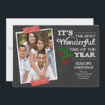 Modern Chalkboard Typography Holiday Photo Card<br><div class="desc">Stylish & modern black chalkboard "it's the most wonderful time of the year" holiday christmas photo card with a green pine branch,  red berries and trendy washi tape.</div>