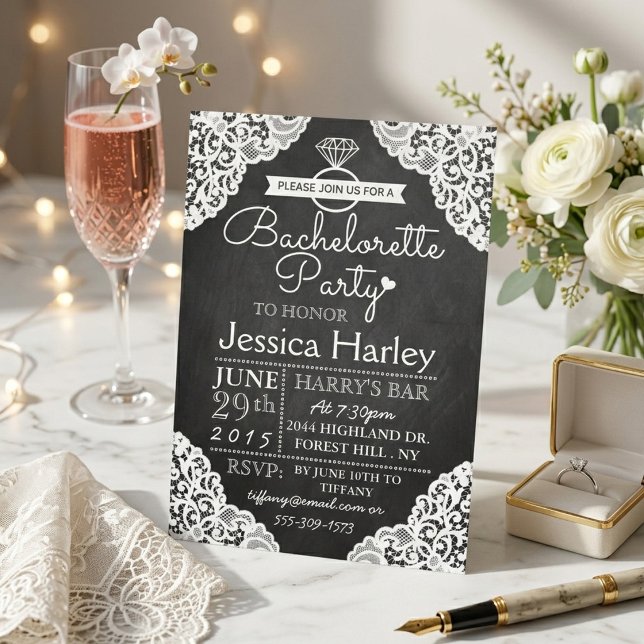 Modern Chalkboard & White Lace Bachelorette Party Invitation (Creator Uploaded)