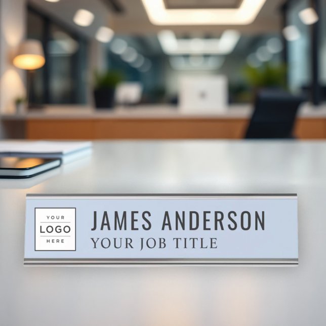 Modern Chambray Blue Logo Employee Desk Name Plate (Creator Uploaded)