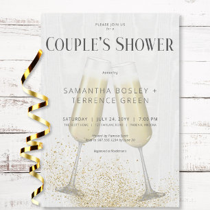 Modern Champagne Glasses & Glitter Couple's Shower Invitation