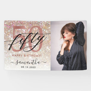 Modern Champagne Glitter 50th Birthday Photo Banner