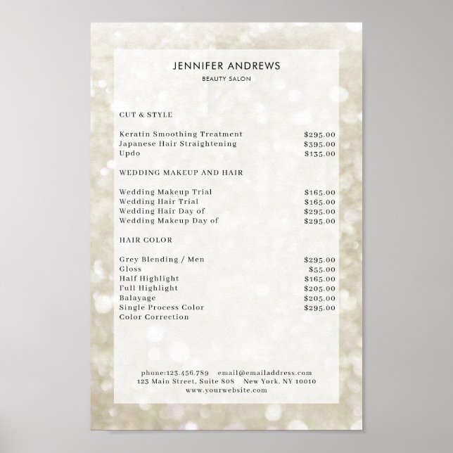Modern, champagne glitter salon price list Poster (Front)