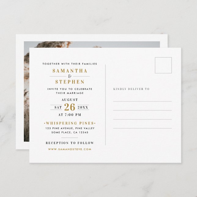 Modern Champagne Gold Photo Wedding Invitation Postcard (Front/Back)